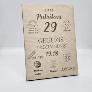 Vaikučio gimimo metrikai su vardu ir dienos įvykiais - pastatomi ir pakabinami